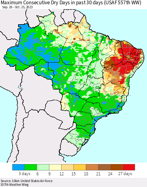 Brazil Maximum Consecutive Dry Days in past 30 days (USAF 557th WW) 10/25/2023 Thematic Map For 10/21/2023 - 10/25/2023