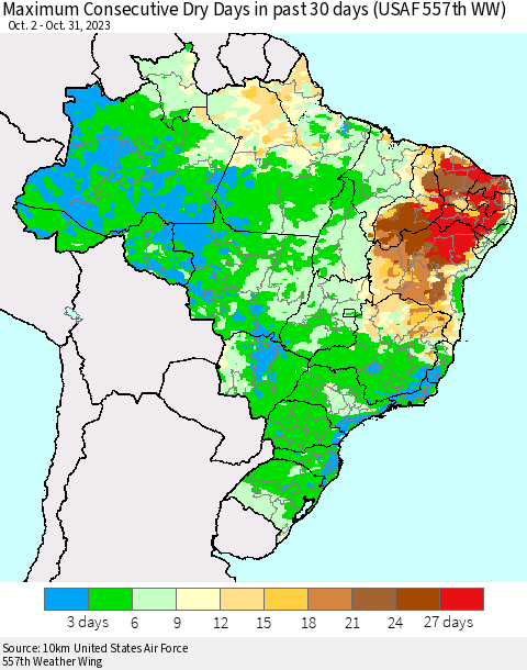 Brazil Maximum Consecutive Dry Days in past 30 days (USAF 557th WW) 10/31/2023 Thematic Map For 10/26/2023 - 10/31/2023