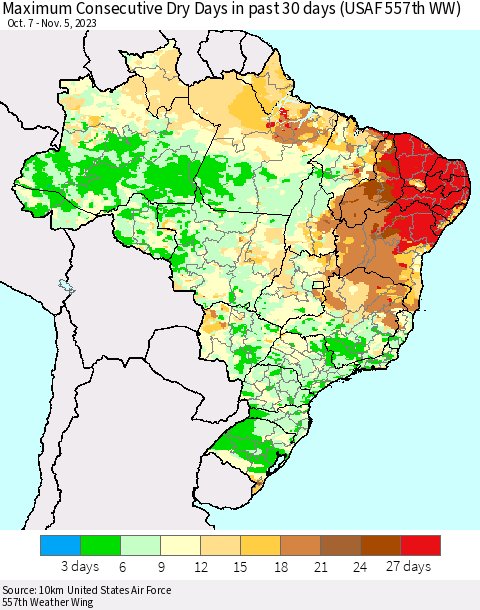 Brazil Maximum Consecutive Dry Days in past 30 days (USAF 557th WW) 11/05/2023 Thematic Map For 11/1/2023 - 11/5/2023