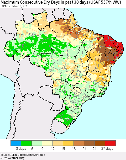 Brazil Maximum Consecutive Dry Days in past 30 days (USAF 557th WW) 11/10/2023 Thematic Map For 11/6/2023 - 11/10/2023