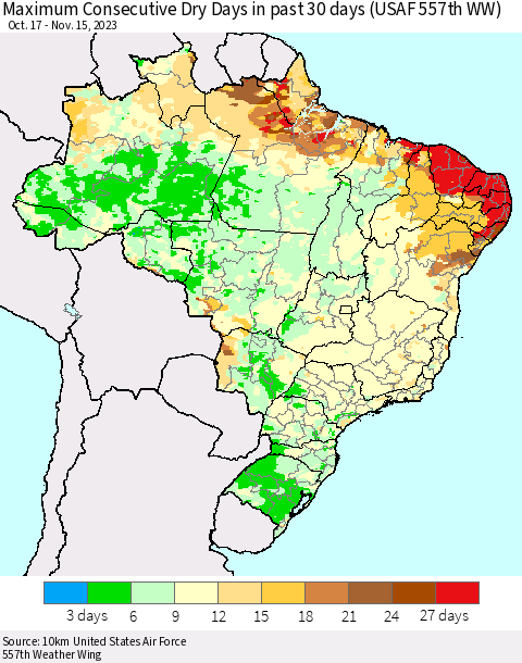 Brazil Maximum Consecutive Dry Days in past 30 days (USAF 557th WW) 11/15/2023 Thematic Map For 11/11/2023 - 11/15/2023