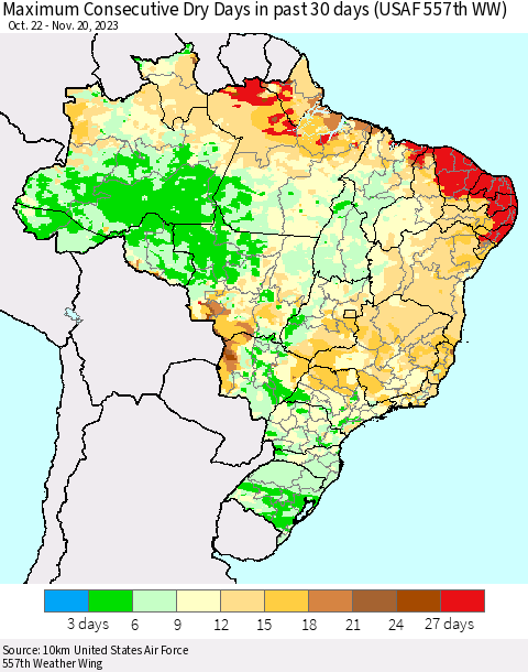 Brazil Maximum Consecutive Dry Days in past 30 days (USAF 557th WW) 11/20/2023 Thematic Map For 11/16/2023 - 11/20/2023