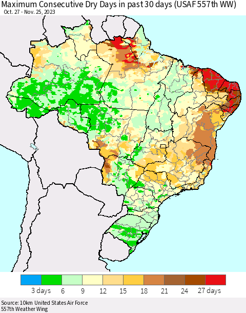 Brazil Maximum Consecutive Dry Days in past 30 days (USAF 557th WW) 11/25/2023 Thematic Map For 11/21/2023 - 11/25/2023