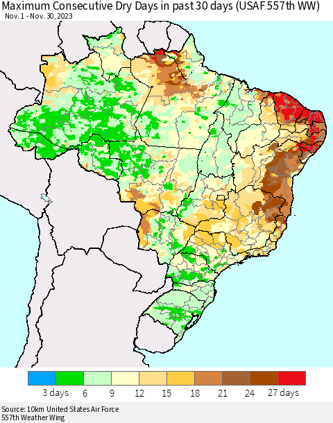 Brazil Maximum Consecutive Dry Days in past 30 days (USAF 557th WW) 11/30/2023 Thematic Map For 11/26/2023 - 11/30/2023