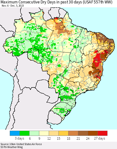 Brazil Maximum Consecutive Dry Days in past 30 days (USAF 557th WW) 12/05/2023 Thematic Map For 12/1/2023 - 12/5/2023
