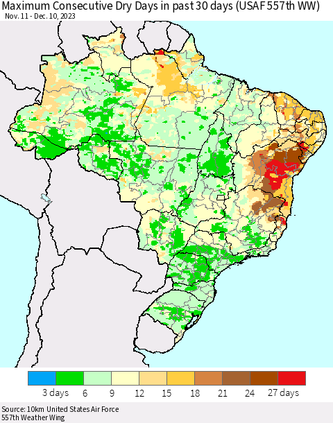 Brazil Maximum Consecutive Dry Days in past 30 days (USAF 557th WW) 12/10/2023 Thematic Map For 12/6/2023 - 12/10/2023