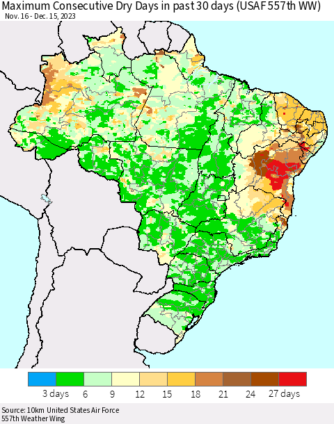 Brazil Maximum Consecutive Dry Days in past 30 days (USAF 557th WW) 12/15/2023 Thematic Map For 12/11/2023 - 12/15/2023