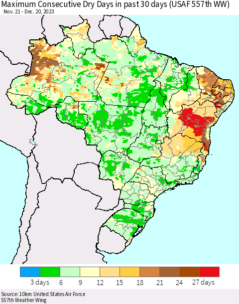 Brazil Maximum Consecutive Dry Days in past 30 days (USAF 557th WW) 12/20/2023 Thematic Map For 12/16/2023 - 12/20/2023