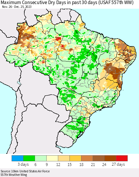 Brazil Maximum Consecutive Dry Days in past 30 days (USAF 557th WW) 12/25/2023 Thematic Map For 12/21/2023 - 12/25/2023