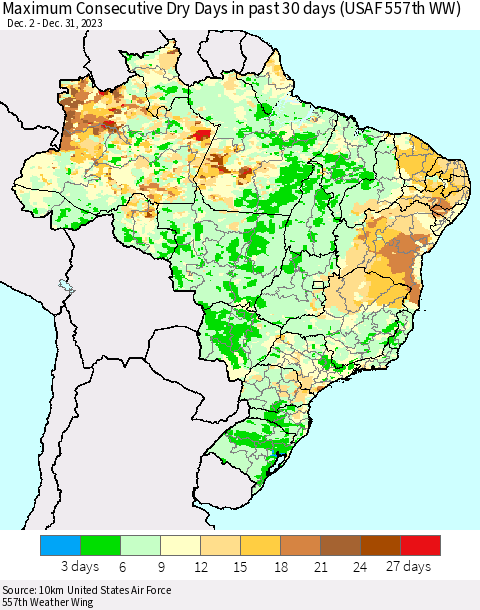 Brazil Maximum Consecutive Dry Days in past 30 days (USAF 557th WW) 12/31/2023 Thematic Map For 12/26/2023 - 12/31/2023