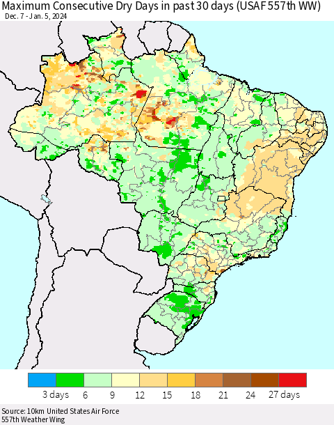 Brazil Maximum Consecutive Dry Days in past 30 days (USAF 557th WW) 01/05/2024 Thematic Map For 1/1/2024 - 1/5/2024