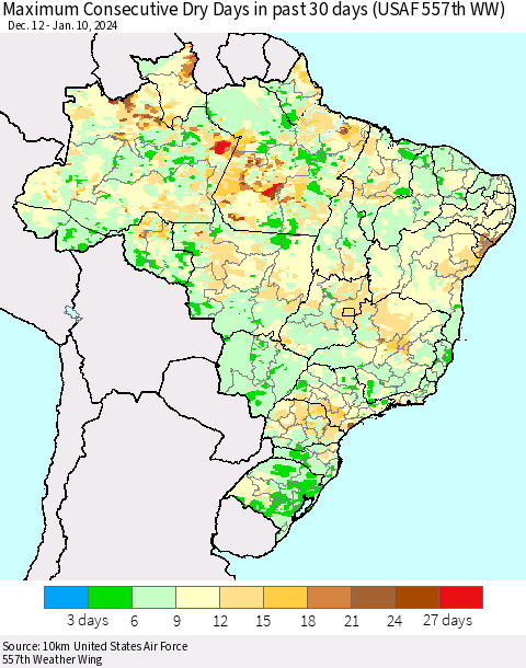 Brazil Maximum Consecutive Dry Days in past 30 days (USAF 557th WW) 01/10/2024 Thematic Map For 1/6/2024 - 1/10/2024