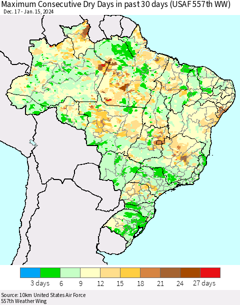 Brazil Maximum Consecutive Dry Days in past 30 days (USAF 557th WW) 01/15/2024 Thematic Map For 1/11/2024 - 1/15/2024