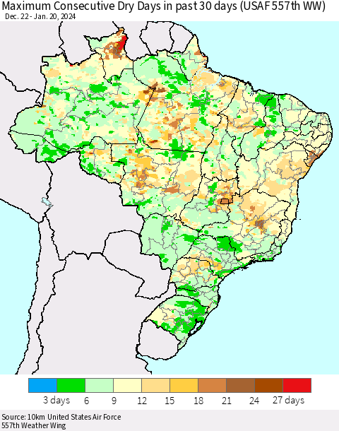 Brazil Maximum Consecutive Dry Days in past 30 days (USAF 557th WW) 01/20/2024 Thematic Map For 1/16/2024 - 1/20/2024