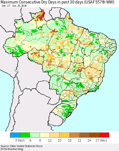 Brazil Maximum Consecutive Dry Days in past 30 days (USAF 557th WW) 01/25/2024 Thematic Map For 1/21/2024 - 1/25/2024