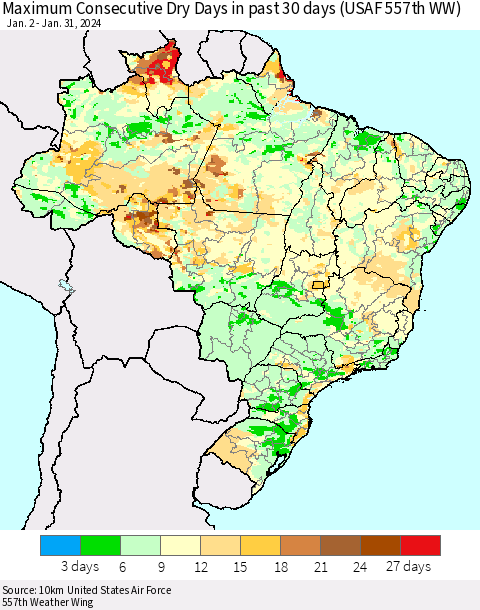 Brazil Maximum Consecutive Dry Days in past 30 days (USAF 557th WW) 01/31/2024 Thematic Map For 1/26/2024 - 1/31/2024