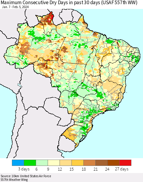 Brazil Maximum Consecutive Dry Days in past 30 days (USAF 557th WW) 02/05/2024 Thematic Map For 2/1/2024 - 2/5/2024