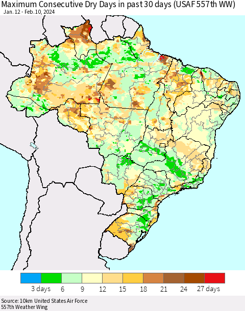 Brazil Maximum Consecutive Dry Days in past 30 days (USAF 557th WW) 02/10/2024 Thematic Map For 2/6/2024 - 2/10/2024
