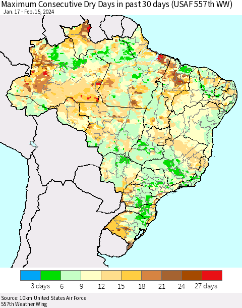 Brazil Maximum Consecutive Dry Days in past 30 days (USAF 557th WW) 02/15/2024 Thematic Map For 2/11/2024 - 2/15/2024