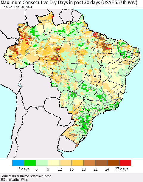 Brazil Maximum Consecutive Dry Days in past 30 days (USAF 557th WW) 02/20/2024 Thematic Map For 2/16/2024 - 2/20/2024
