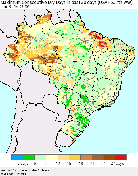 Brazil Maximum Consecutive Dry Days in past 30 days (USAF 557th WW) 02/25/2024 Thematic Map For 2/21/2024 - 2/25/2024