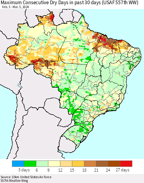 Brazil Maximum Consecutive Dry Days in past 30 days (USAF 557th WW) 03/05/2024 Thematic Map For 3/1/2024 - 3/5/2024