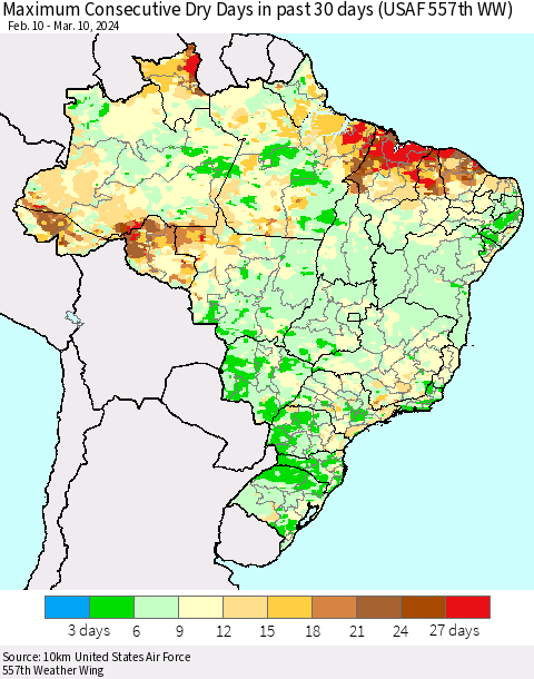 Brazil Maximum Consecutive Dry Days in past 30 days (USAF 557th WW) 03/10/2024 Thematic Map For 3/6/2024 - 3/10/2024
