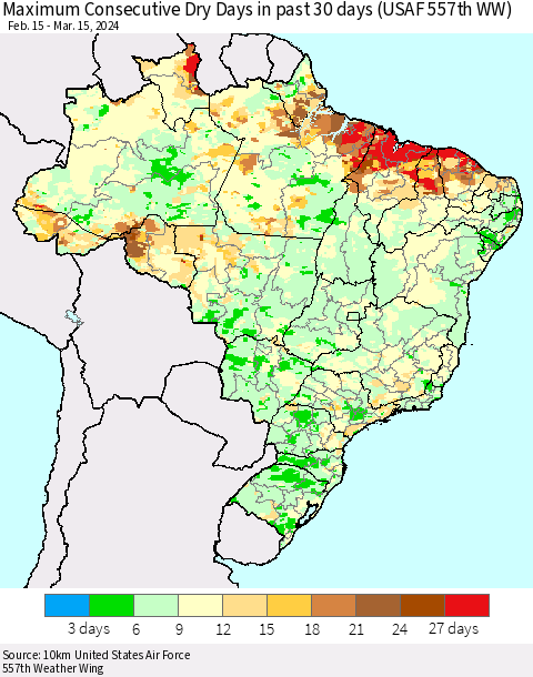 Brazil Maximum Consecutive Dry Days in past 30 days (USAF 557th WW) 03/15/2024 Thematic Map For 3/11/2024 - 3/15/2024