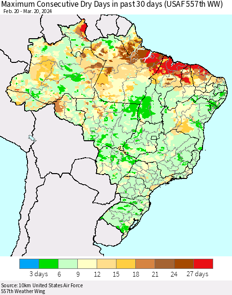 Brazil Maximum Consecutive Dry Days in past 30 days (USAF 557th WW) 03/20/2024 Thematic Map For 3/16/2024 - 3/20/2024