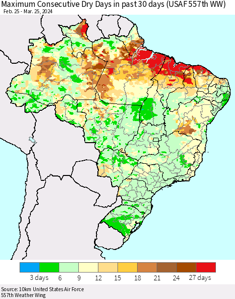 Brazil Maximum Consecutive Dry Days in past 30 days (USAF 557th WW) 03/25/2024 Thematic Map For 3/21/2024 - 3/25/2024