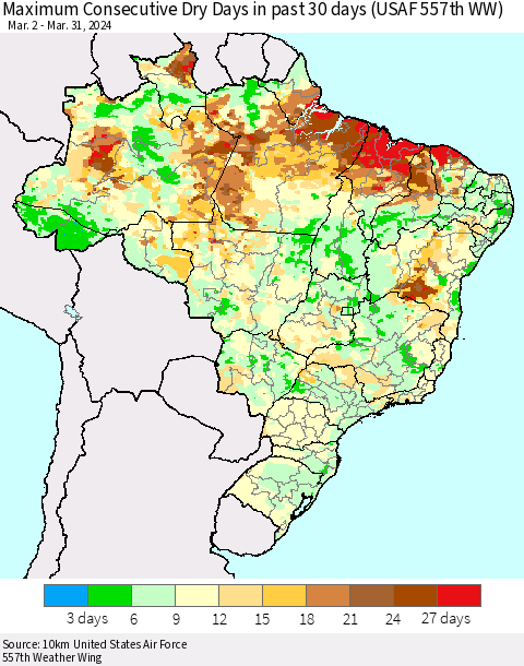 Brazil Maximum Consecutive Dry Days in past 30 days (USAF 557th WW) 03/31/2024 Thematic Map For 3/26/2024 - 3/31/2024
