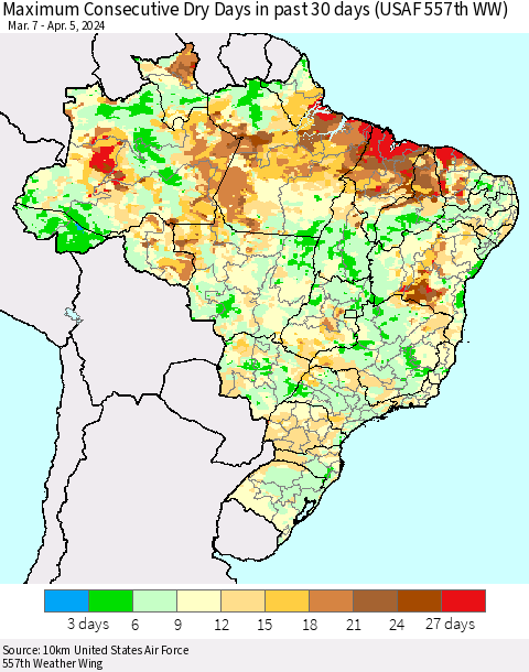 Brazil Maximum Consecutive Dry Days in past 30 days (USAF 557th WW) 04/05/2024 Thematic Map For 4/1/2024 - 4/5/2024