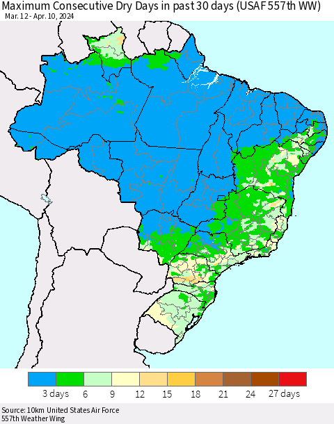 Brazil Maximum Consecutive Dry Days in past 30 days (USAF 557th WW) 04/10/2024 Thematic Map For 4/6/2024 - 4/10/2024