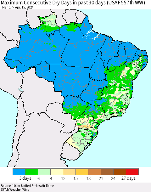 Brazil Maximum Consecutive Dry Days in past 30 days (USAF 557th WW) 04/15/2024 Thematic Map For 4/11/2024 - 4/15/2024