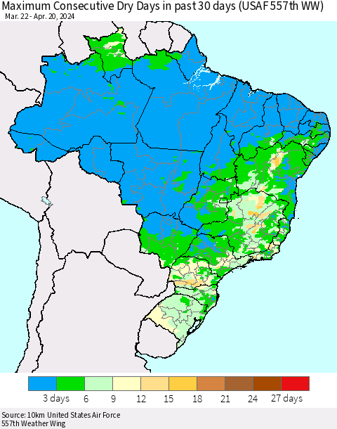 Brazil Maximum Consecutive Dry Days in past 30 days (USAF 557th WW) 04/20/2024 Thematic Map For 4/16/2024 - 4/20/2024