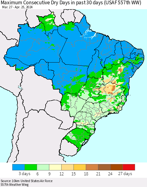 Brazil Maximum Consecutive Dry Days in past 30 days (USAF 557th WW) 04/25/2024 Thematic Map For 4/21/2024 - 4/25/2024