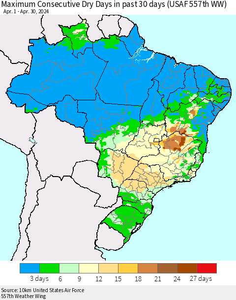 Brazil Maximum Consecutive Dry Days in past 30 days (USAF 557th WW) 04/30/2024 Thematic Map For 4/26/2024 - 4/30/2024