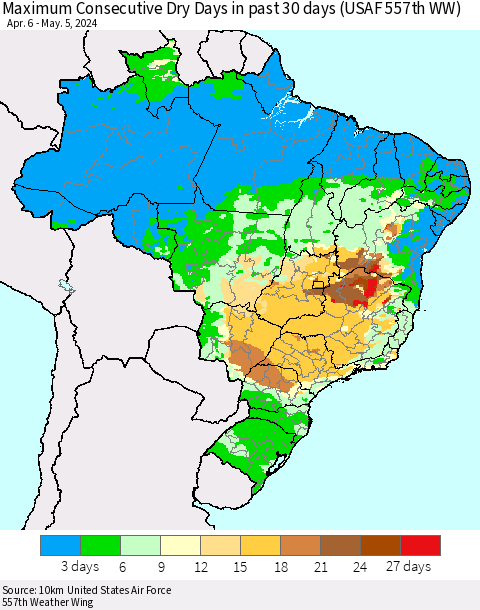 Brazil Maximum Consecutive Dry Days in past 30 days (USAF 557th WW) 05/05/2024 Thematic Map For 5/1/2024 - 5/5/2024