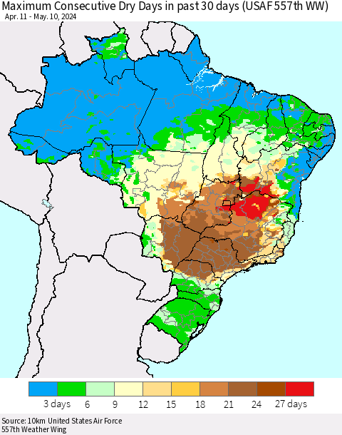 Brazil Maximum Consecutive Dry Days in past 30 days (USAF 557th WW) 05/10/2024 Thematic Map For 5/6/2024 - 5/10/2024
