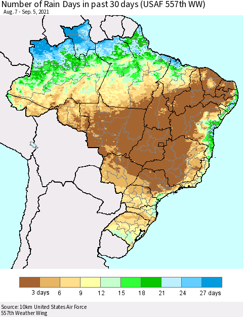 Brazil Number of Rain Days in past 30 days (USAF 557th WW) 09/05/2021 Thematic Map For 9/1/2021 - 9/5/2021