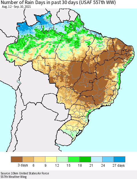 Brazil Number of Rain Days in past 30 days (USAF 557th WW) 09/10/2021 Thematic Map For 9/6/2021 - 9/10/2021
