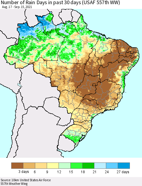 Brazil Number of Rain Days in past 30 days (USAF 557th WW) 09/15/2021 Thematic Map For 9/11/2021 - 9/15/2021