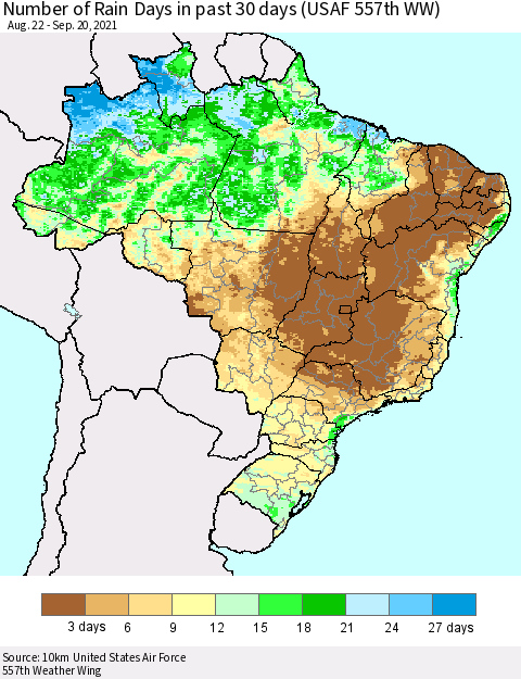 Brazil Number of Rain Days in past 30 days (USAF 557th WW) 09/20/2021 Thematic Map For 9/16/2021 - 9/20/2021