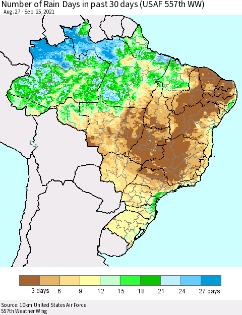 Brazil Number of Rain Days in past 30 days (USAF 557th WW) 09/25/2021 Thematic Map For 9/21/2021 - 9/25/2021