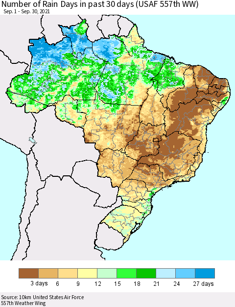 Brazil Number of Rain Days in past 30 days (USAF 557th WW) 09/30/2021 Thematic Map For 9/26/2021 - 9/30/2021
