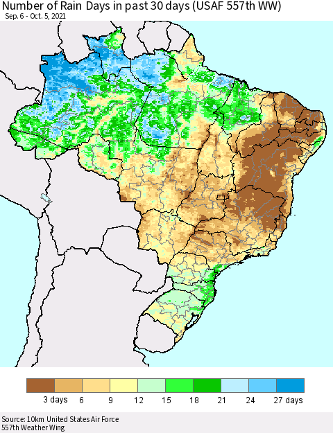 Brazil Number of Rain Days in past 30 days (USAF 557th WW) 10/05/2021 Thematic Map For 10/1/2021 - 10/5/2021