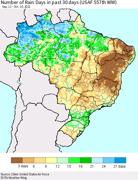 Brazil Number of Rain Days in past 30 days (USAF 557th WW) 10/10/2021 Thematic Map For 10/6/2021 - 10/10/2021