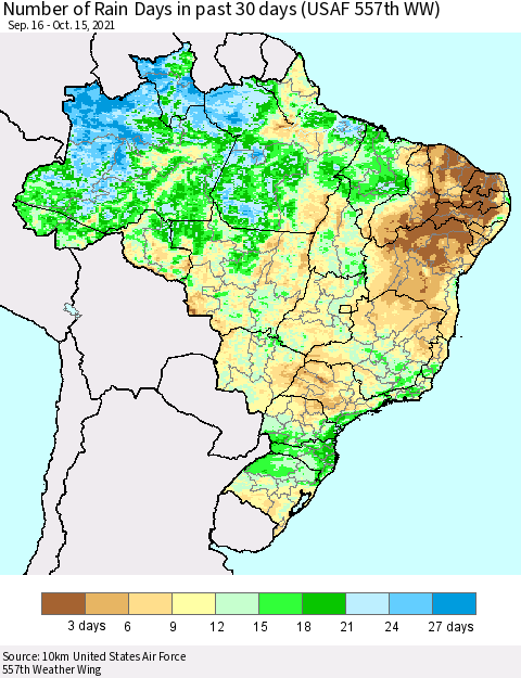 Brazil Number of Rain Days in past 30 days (USAF 557th WW) 10/15/2021 Thematic Map For 10/11/2021 - 10/15/2021