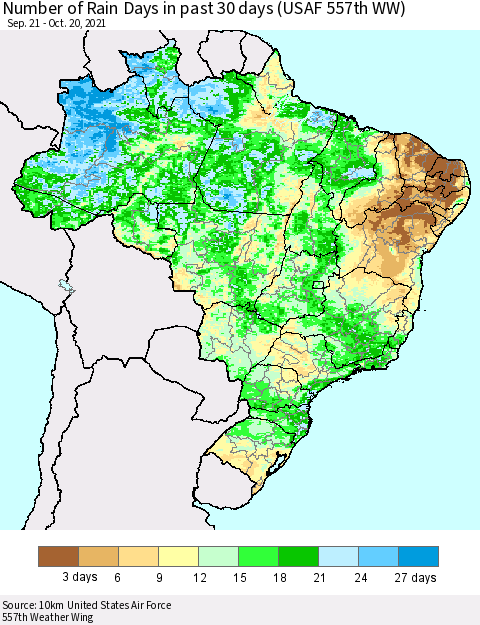Brazil Number of Rain Days in past 30 days (USAF 557th WW) 10/20/2021 Thematic Map For 10/16/2021 - 10/20/2021