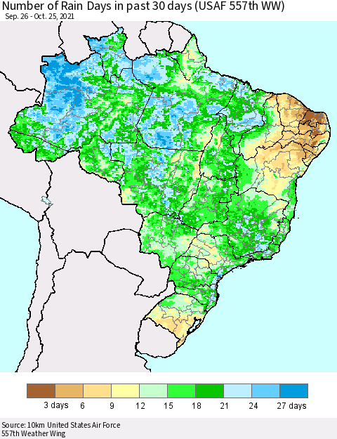 Brazil Number of Rain Days in past 30 days (USAF 557th WW) 10/25/2021 Thematic Map For 10/21/2021 - 10/25/2021